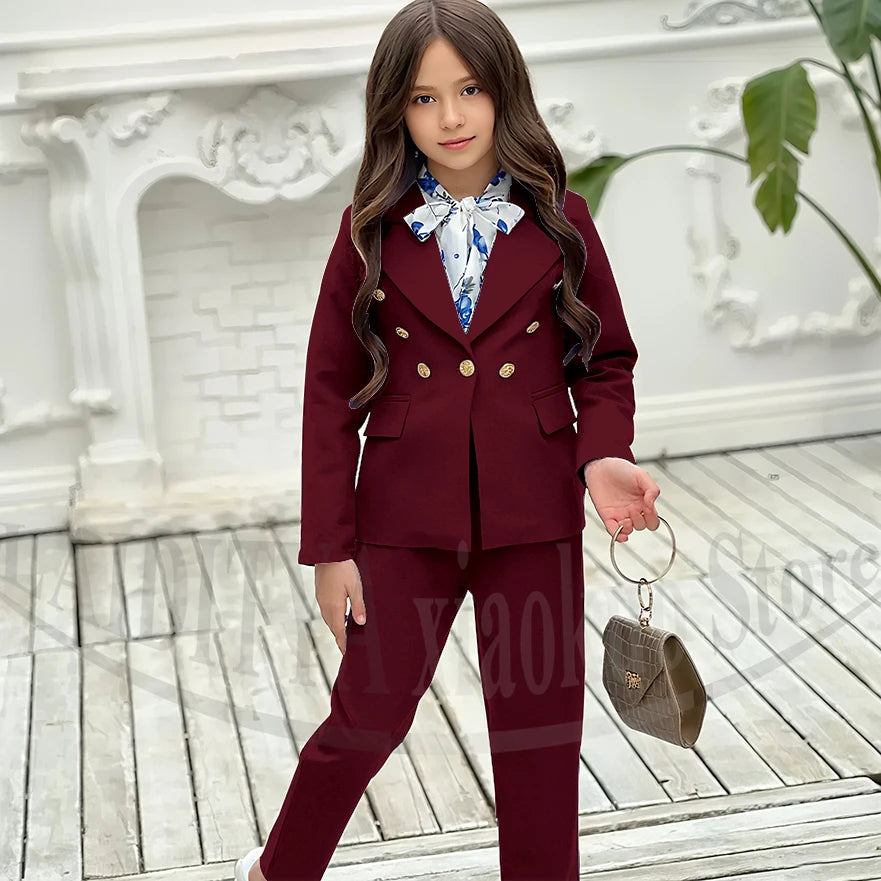 Girl Suits 2 Piece Elegant Daily Casual Fashion Kids Outfits Party Wedding Chic Double Breasted Notch Lapel Girl Clothes