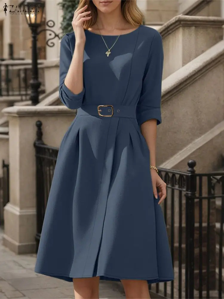ZANZEA Elegant Women Vestidos With Belt 3/4 Sleeve Casual Knee-Length Dresses 2025 Autumn Solid Color Fashion Office Party Robe