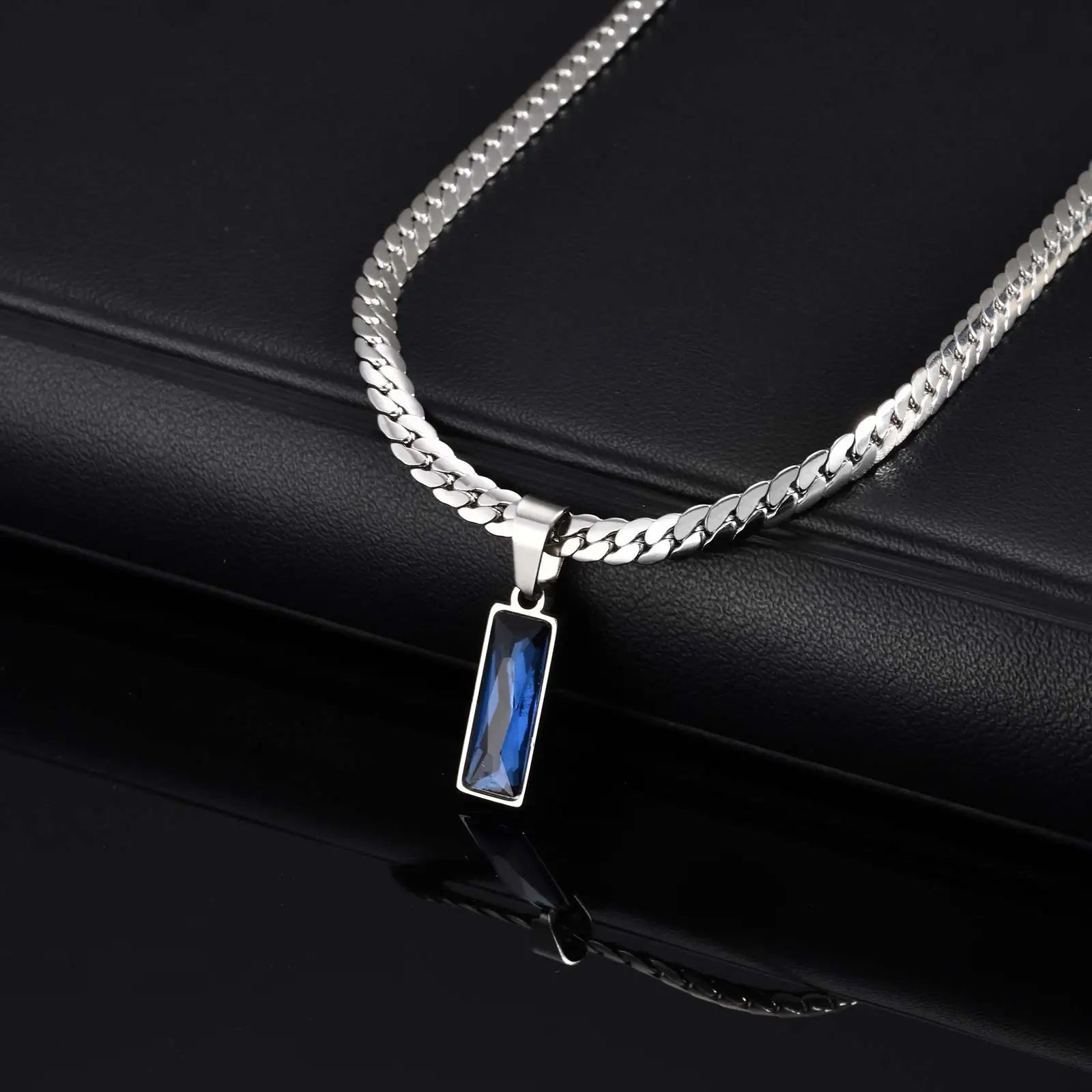 Stylish Mens Geometric Stone Pendent Necklaces,Stainless Steel Flat Cuban Chain Collars,Hip Hop Jewelry Gifts for Him Boys