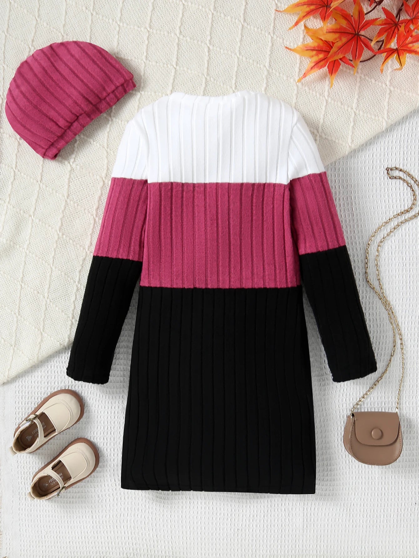 Autumn And Winter Color Blocked Knitted Dress For Girls, Slim Fit Temperament Mid Length Skirt With Hat Included