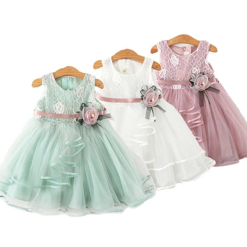 2025 New Baby Girl Dress for 2-6Y Kids Birthday Party Princess Dress White Wedding Ball Gowns Flower Tutu Elegant Girls Clothing