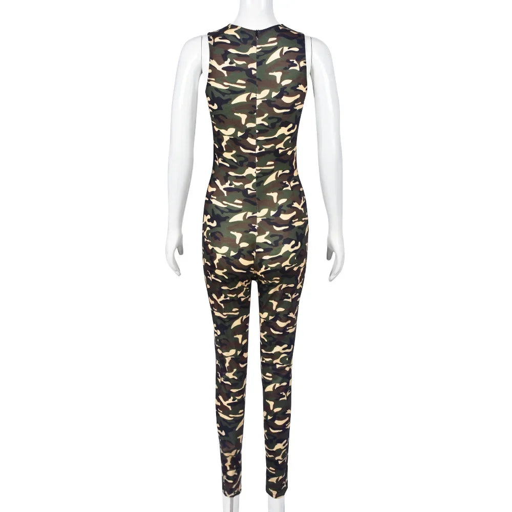 Women Fashion Camouflage Print Skinny Jumpsuits O Neck Sleeveless Slim Casual Streetwear Overalls Club Rompers Fitness Jumpsuit