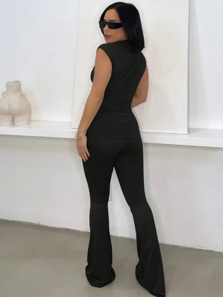 2025 New Arrival Women's Black Casual Solid-Colour Drawstring Tank Top & Flared Trousers Tight-Fitting Set Fashionable & Everyda