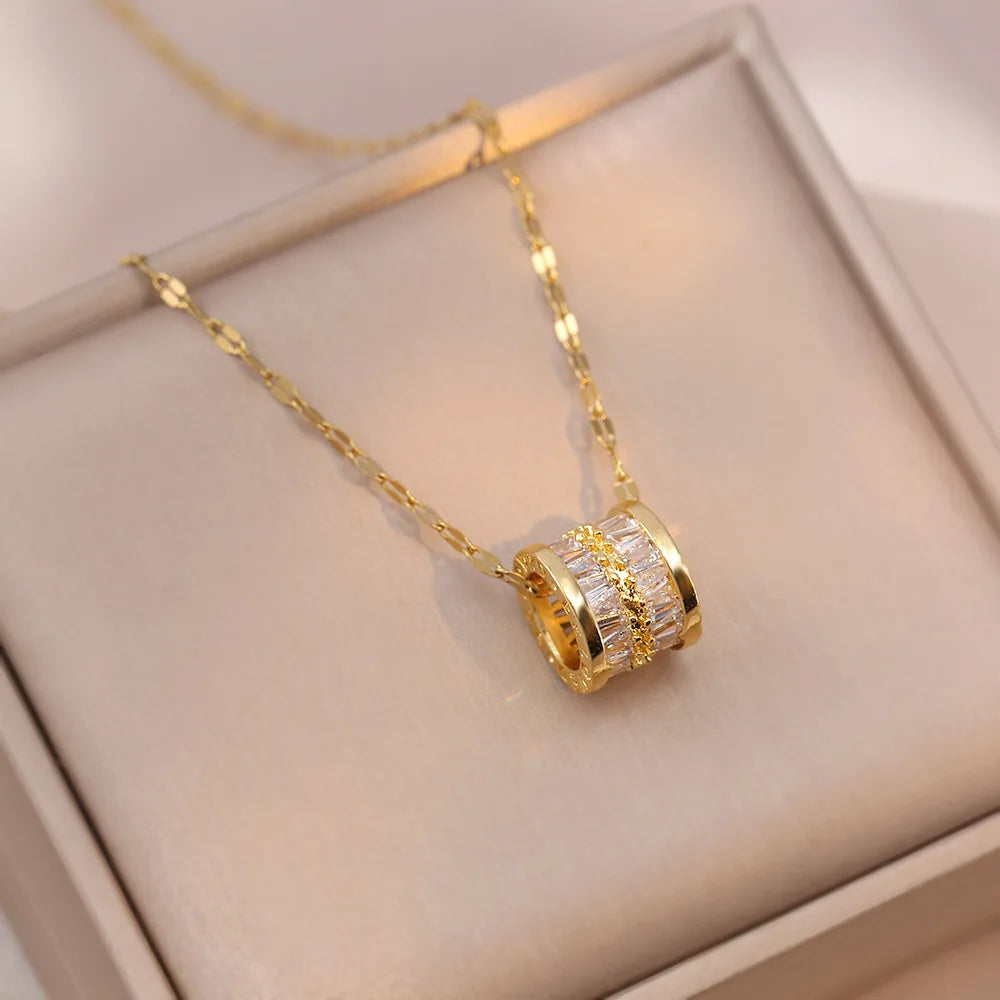 Trendy Stainless Steel Double Layer Necklace for Women Fashion Crystal Bead Pendant Necklaces Clavicle Chain Party Jewelry