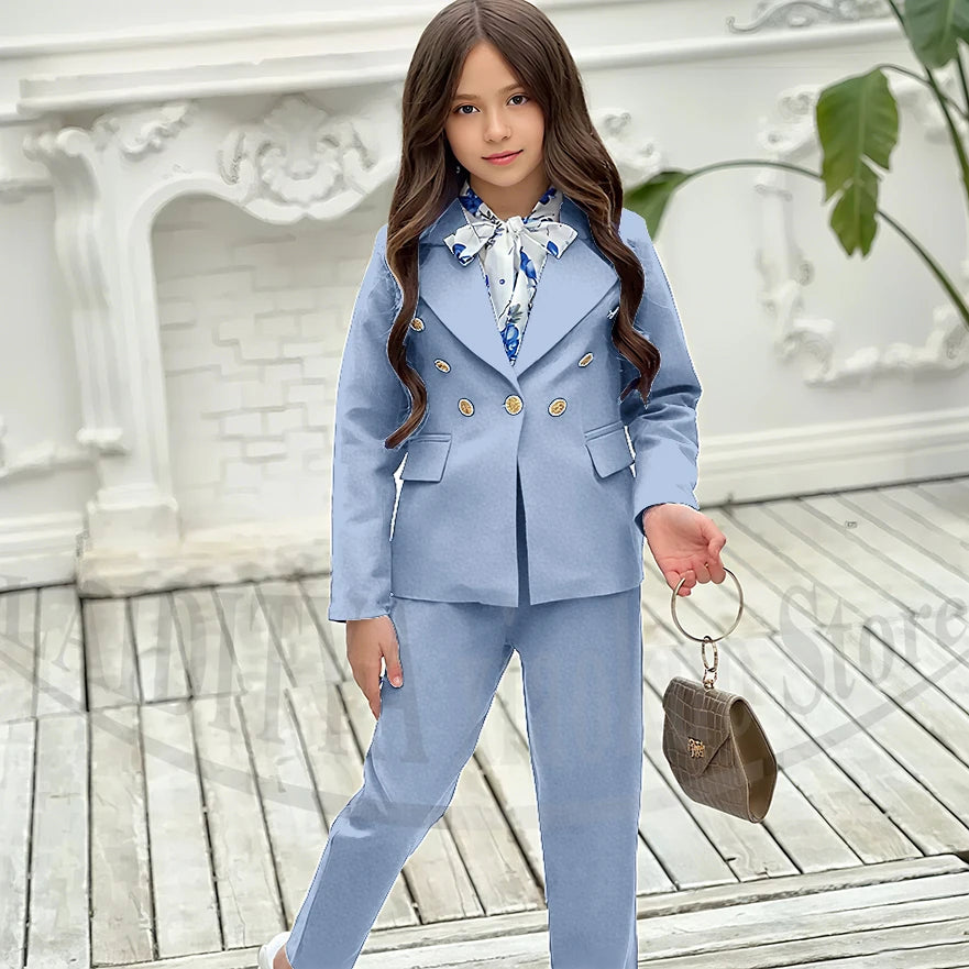 Girl Suits 2 Piece Elegant Daily Casual Fashion Kids Outfits Party Wedding Chic Double Breasted Notch Lapel Girl Clothes