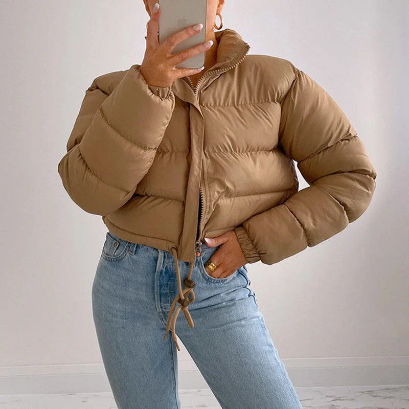 Solid Color Zipper Stand Collar Warm Cotton-Padded Clothes Winter Loose Light Weight Women Coat Fashion Popular Style