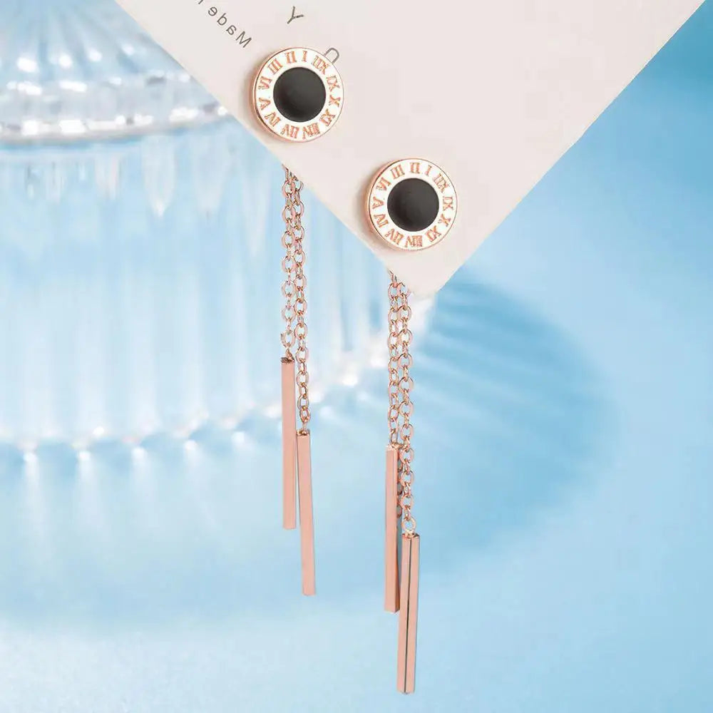 2023 Fashion Classic Roman Crystal Disc Pendant Stainless Steel Rose Gold Colour Earrings Women's Colorless Jewelry Accessories