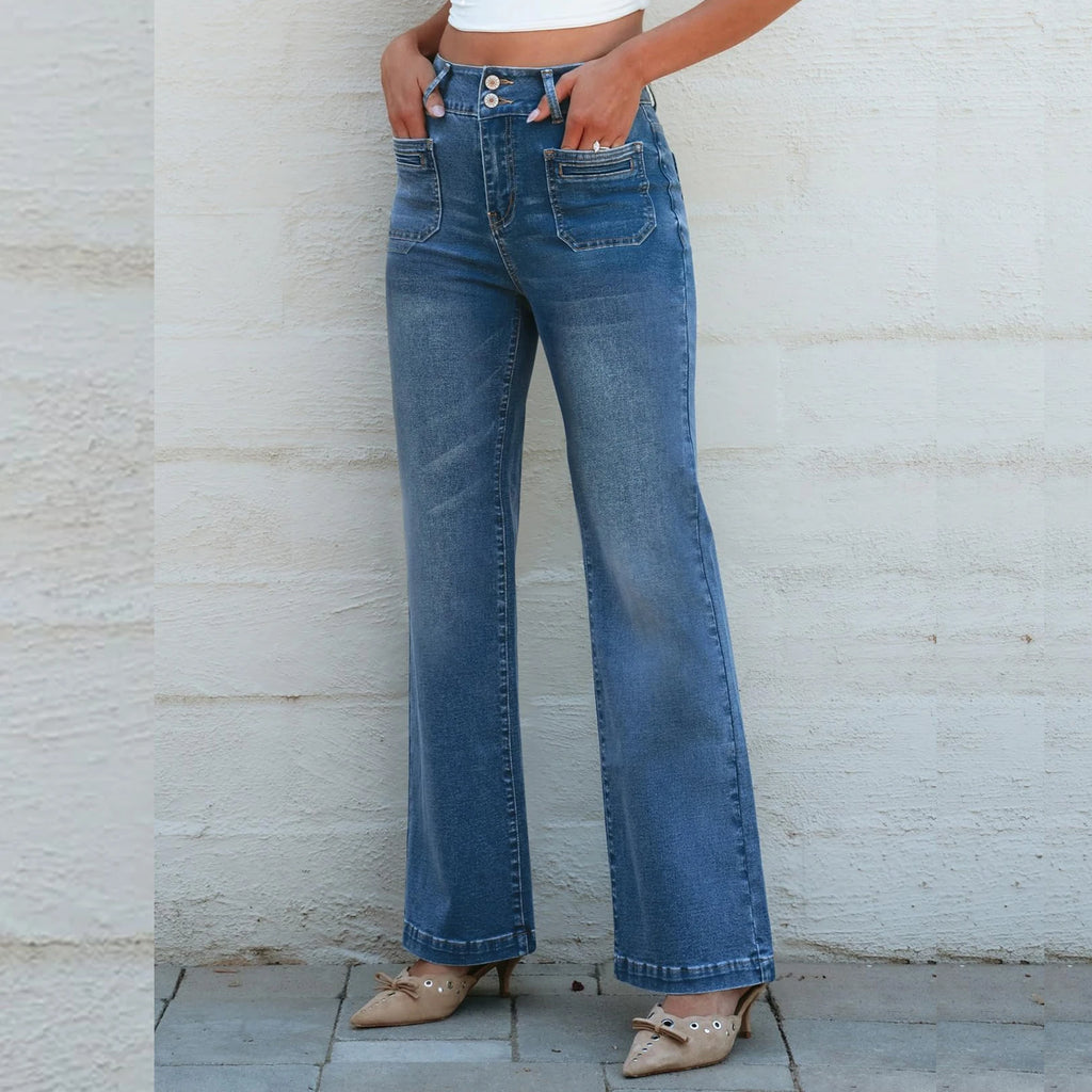 Women'S Jeans Multi-Button Straight Jeans Ladies' Fashionable Trousers Casual Wear Dark Blue High Waist Wide Leg Versatile Jeans