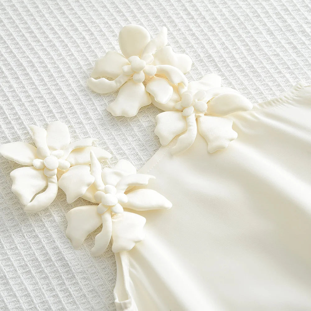 2025 Summer New Korean Version Baby Girl Casual Solid Color Dress White 3D Flower Decoration Fashion Temperament Princess Dress