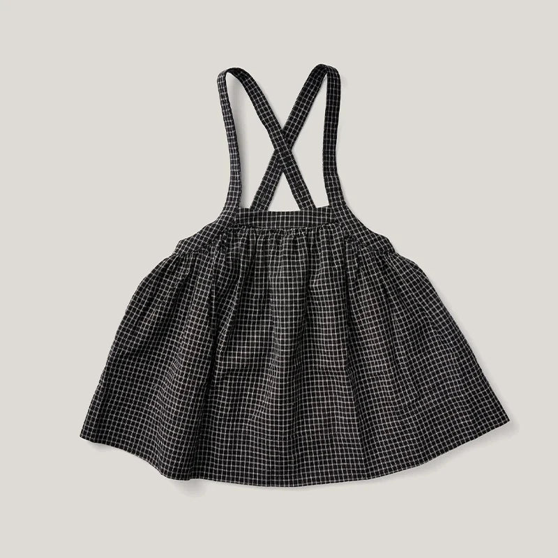 Retro Black Plaid Girls Pinafore Dress 2025 Summer New Children's Cotton Casual Loose Adjustable Straps Dresses TZ288