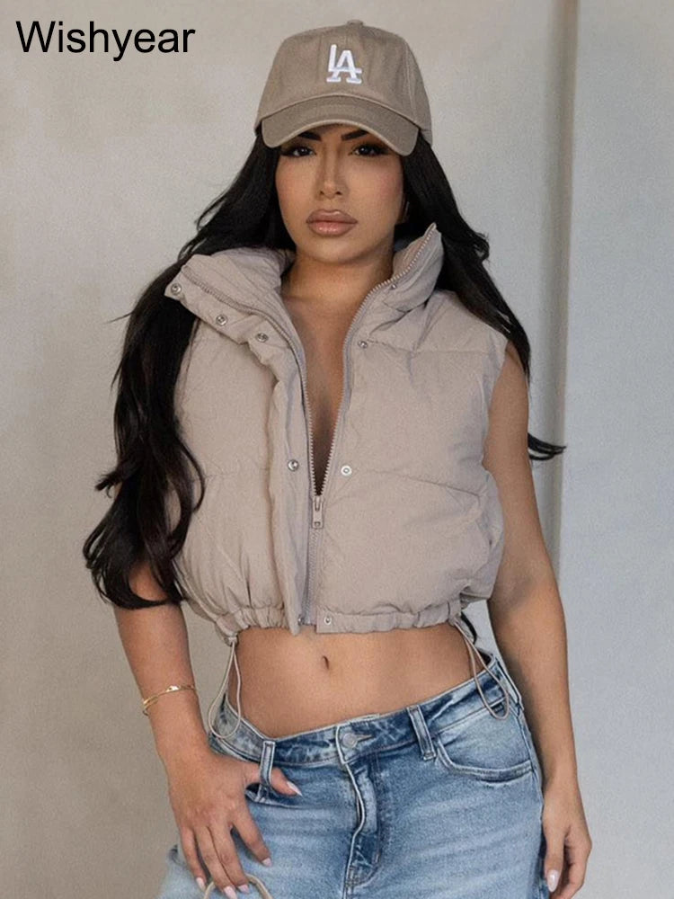 Winter Vest Cotton Padded Crop Top Women Clothing Sleeveless Stand Collar Zipper Adjustable Hem Jackets Cotton Coat Outwear New