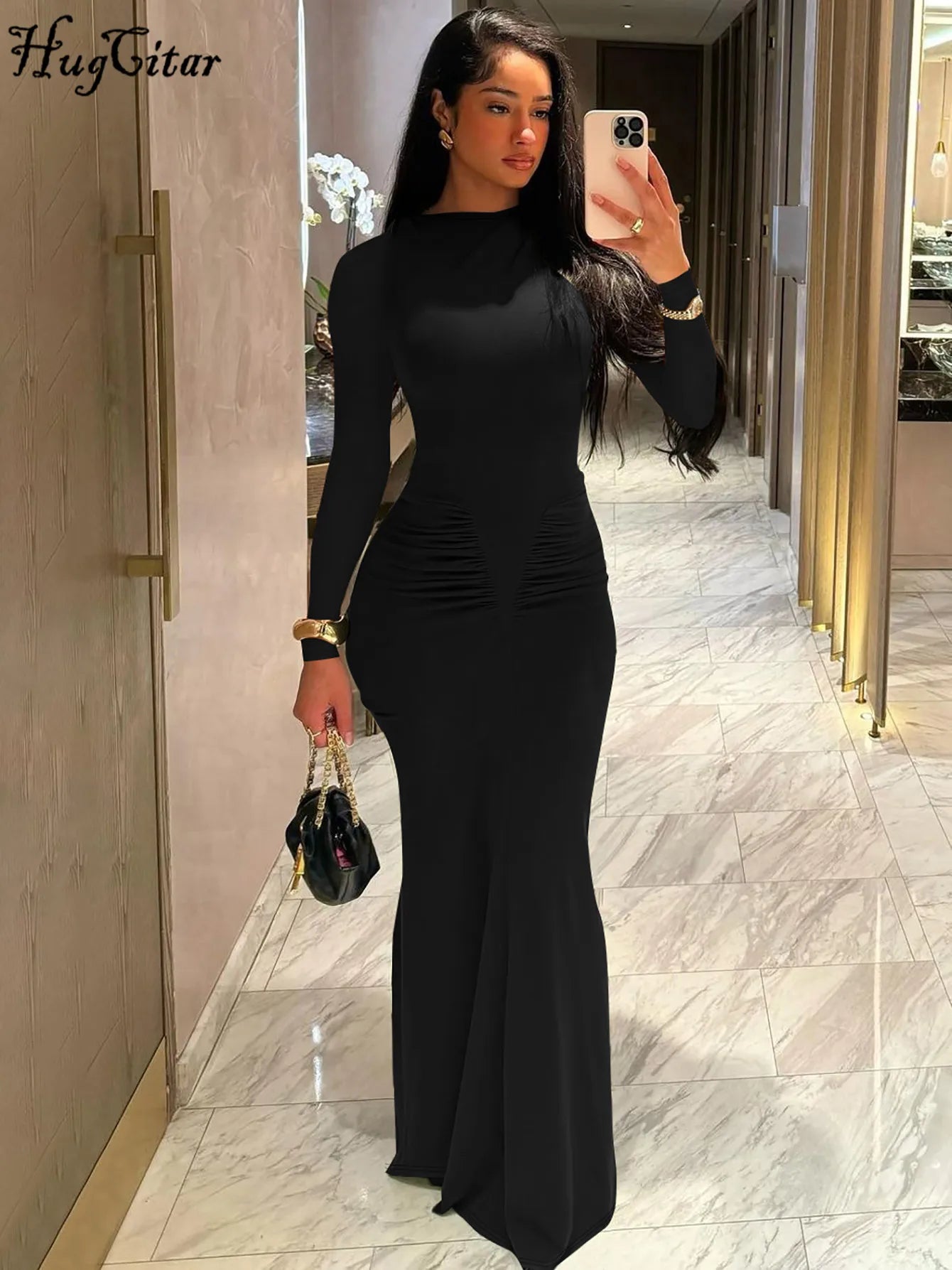 Hugcitar Autumn Solid Long Sleeve Draped Sexy Bodycon Maxi Prom Dress Women Fashion Y2K Outfits Evening Party Festival Club