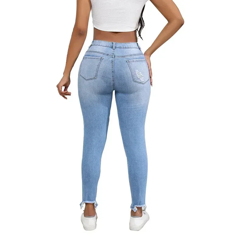 Women Jeans Holes Distressed Pencil Pants Denim Pockets Sexy High Waist Washing Zipper Fly Slim Fit Ankle Length Summer