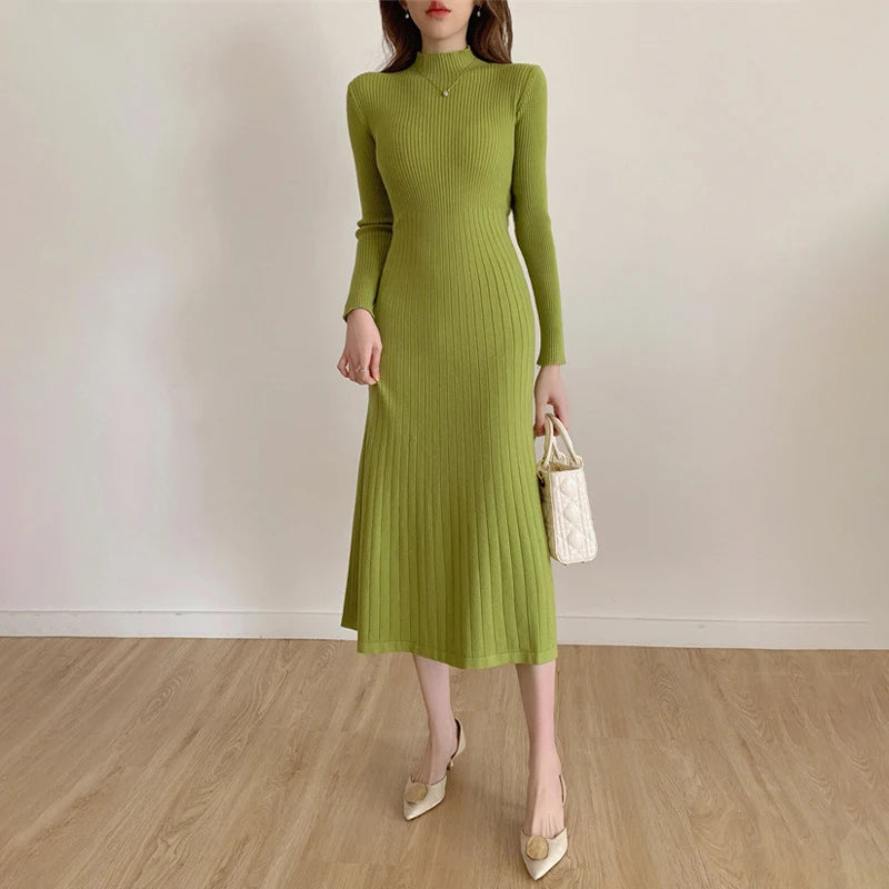 Long Knitted Dress Women Winter Sweater Dress Female Elegant Slim Long Sleeve Knee Length Dress Ladies Warm Office Dresses