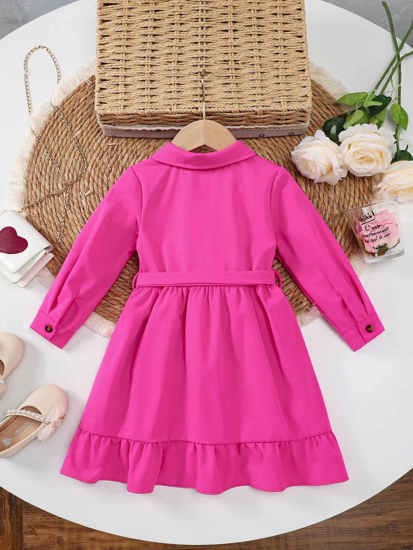 A New Fashionable Dress For Girls In Autumn And Winter A Two-Piece Set Of Rose-Red Workwear Long-Sleeved Dress With A Belt