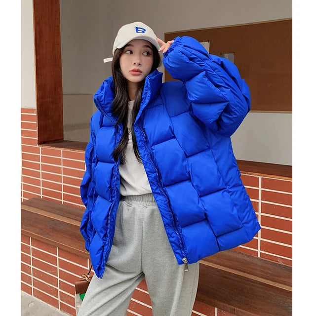 Winter Fashion Women Parkas Warm Down Cotton Coats Bubble Jacket Thick Knitted Loose Puffer Coat Stand Collar Female Outwear