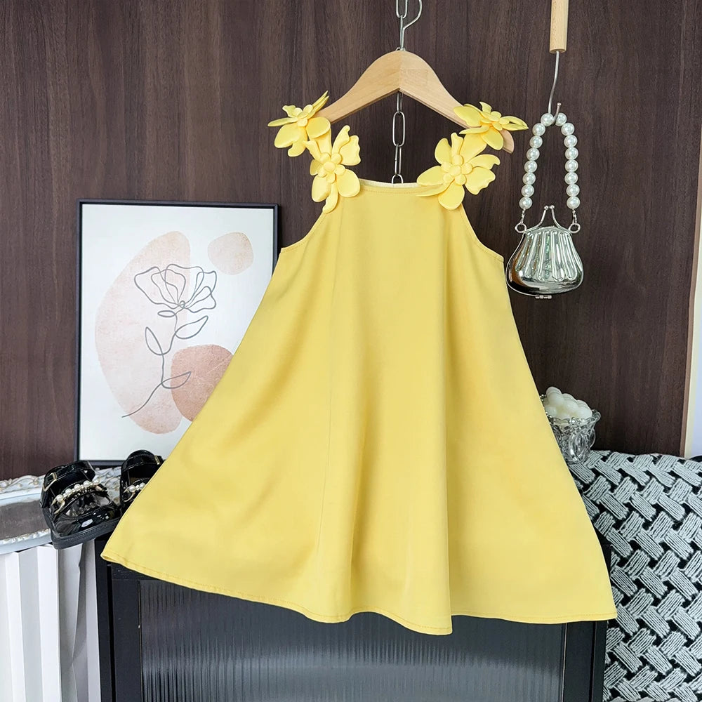 2025 Summer New Korean Version Baby Girl Casual Solid Color Dress White 3D Flower Decoration Fashion Temperament Princess Dress