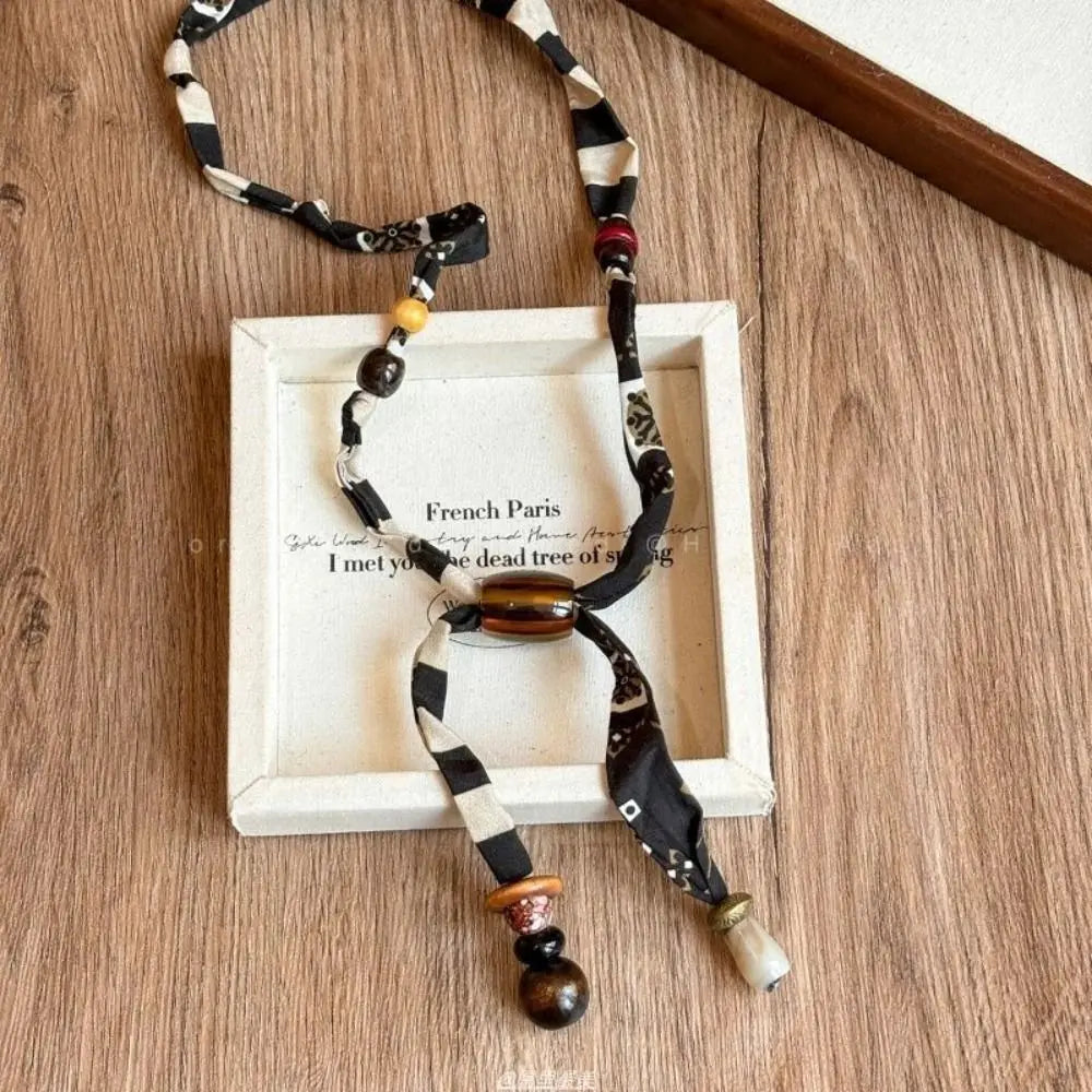 Strip Cloth Chain Necklace Clavicle Chain Multicolor Wood Bead Necklace Ethnic Style Jewelry Accessories Bohemian Choker Gift