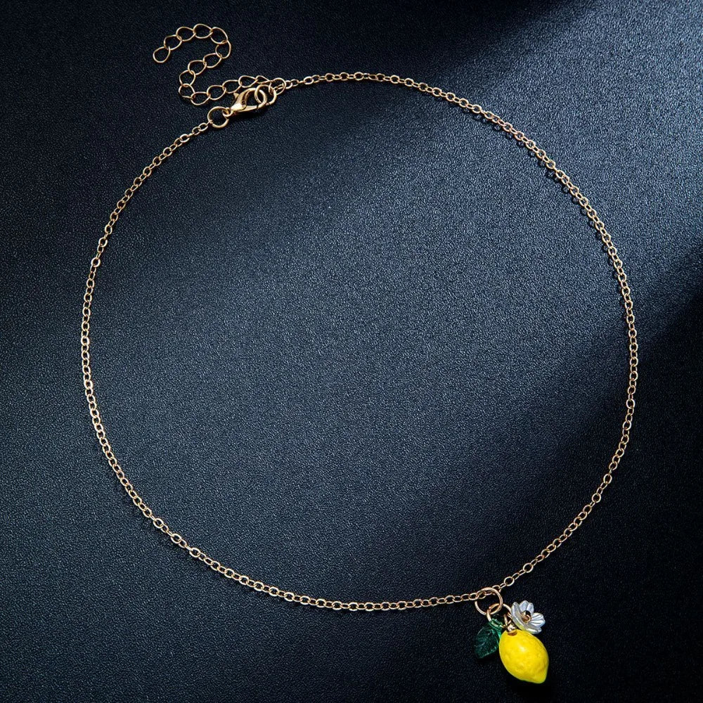 Fashion Cute Yellow Fruit Lemon Little Flower Green Leaf Pendant Metal Chain Adjustable Necklace for Women Summer Jewelry Gifts