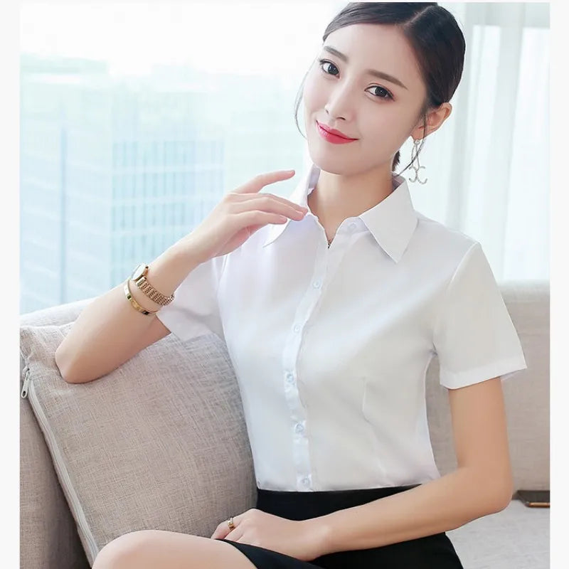 Fashion White Shirts Woman 2025 Autumn Short Sleeve Blouse Solid Ladies Tops OL Female Clothing  Basic Work Shirt Women's Blouse