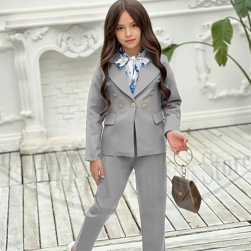 Girl Suits 2 Piece Elegant Daily Casual Fashion Kids Outfits Party Wedding Chic Double Breasted Notch Lapel Girl Clothes