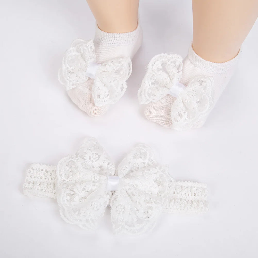 3Pcs/Set Cream Lace Baby Headbands&Socks Newborn Princess Girls Wide Rhinstone Pearl Eastic Hairbands Kids Headwear Photo Props