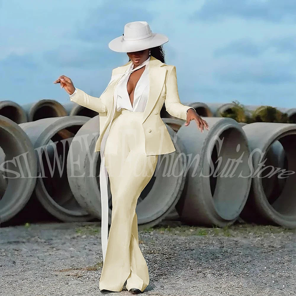 Fashion Pure White Female Suit 2 Pieces Jacket Pants Women Ladies Evening Party Tuxedos Formal Work Wear For Wedding