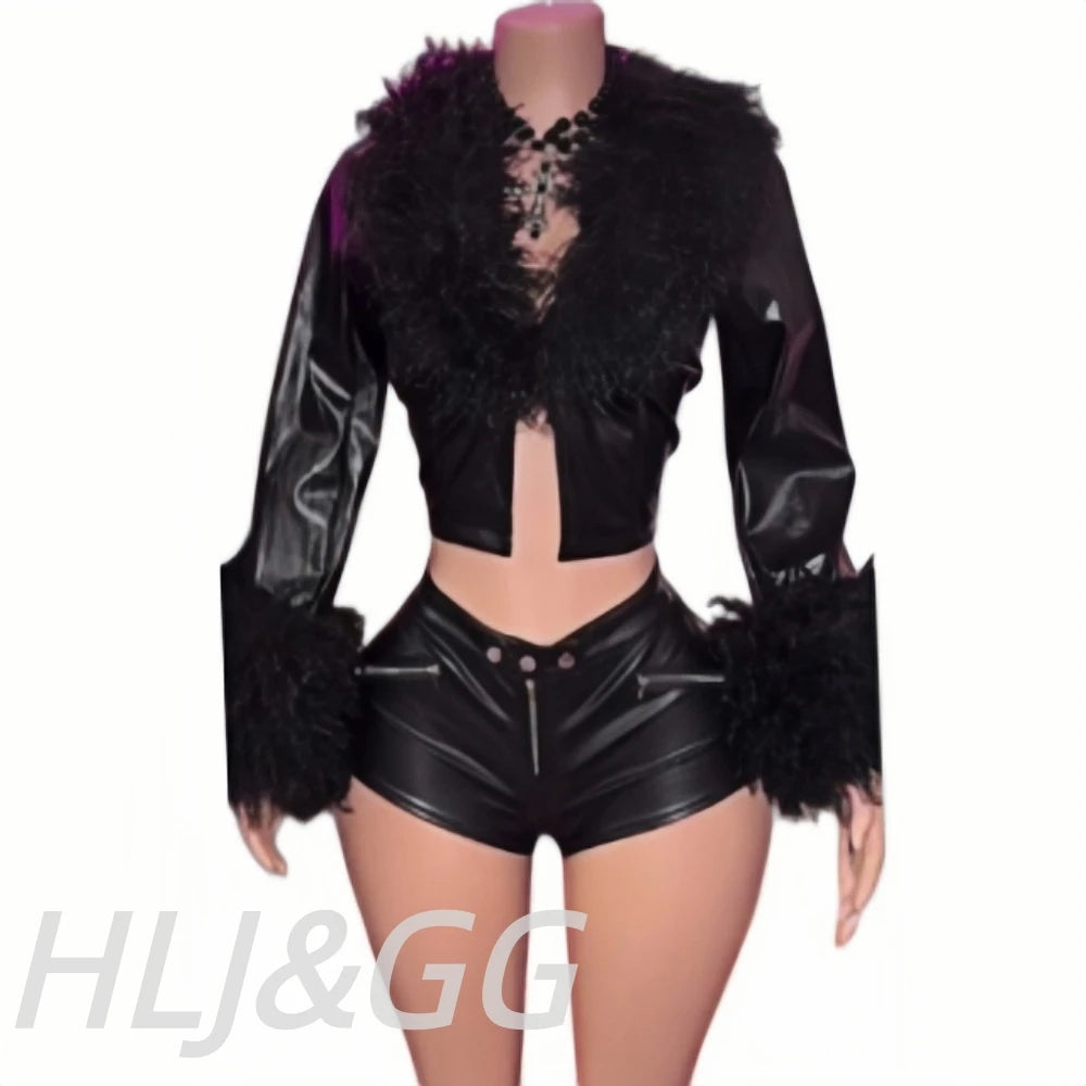 HLJ Black Fashion Feather Splicing Leather Two Piece Sets Women V Neck Long Sleeve Top+Shorts Outfits Trend Y2K 2pcs Streetwear