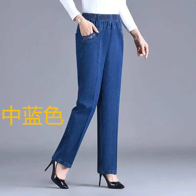 Middle aged elderly Women's Jeans Embroidered Pockets Elastic waist Mom Pants Casual Denim Straight leg Trousers 2025 New Spring