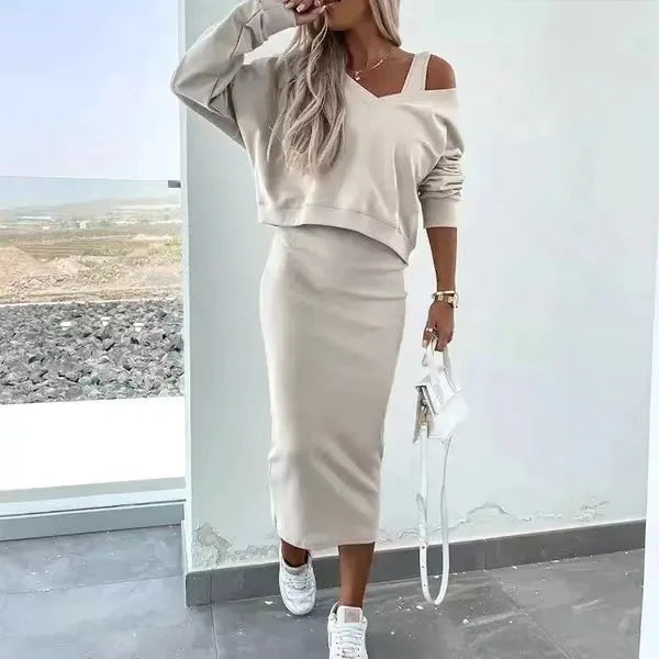 Fashion Two Piece Set Dress Women's Autumn Sexy V Neck Long Sleeve Pullover Top And Skirts Two Piece Set Dress
