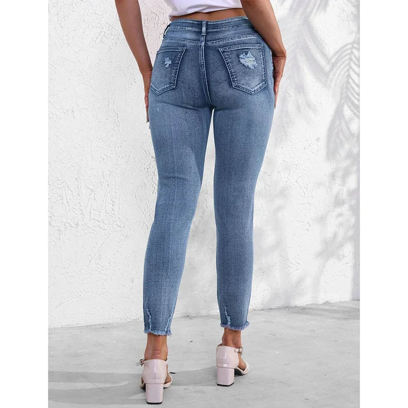 Female Ripped Narrow Straight Leg Jeans Lady Chic Korean High Waist Denim Trousers Women Fashion Designer Casual Pants