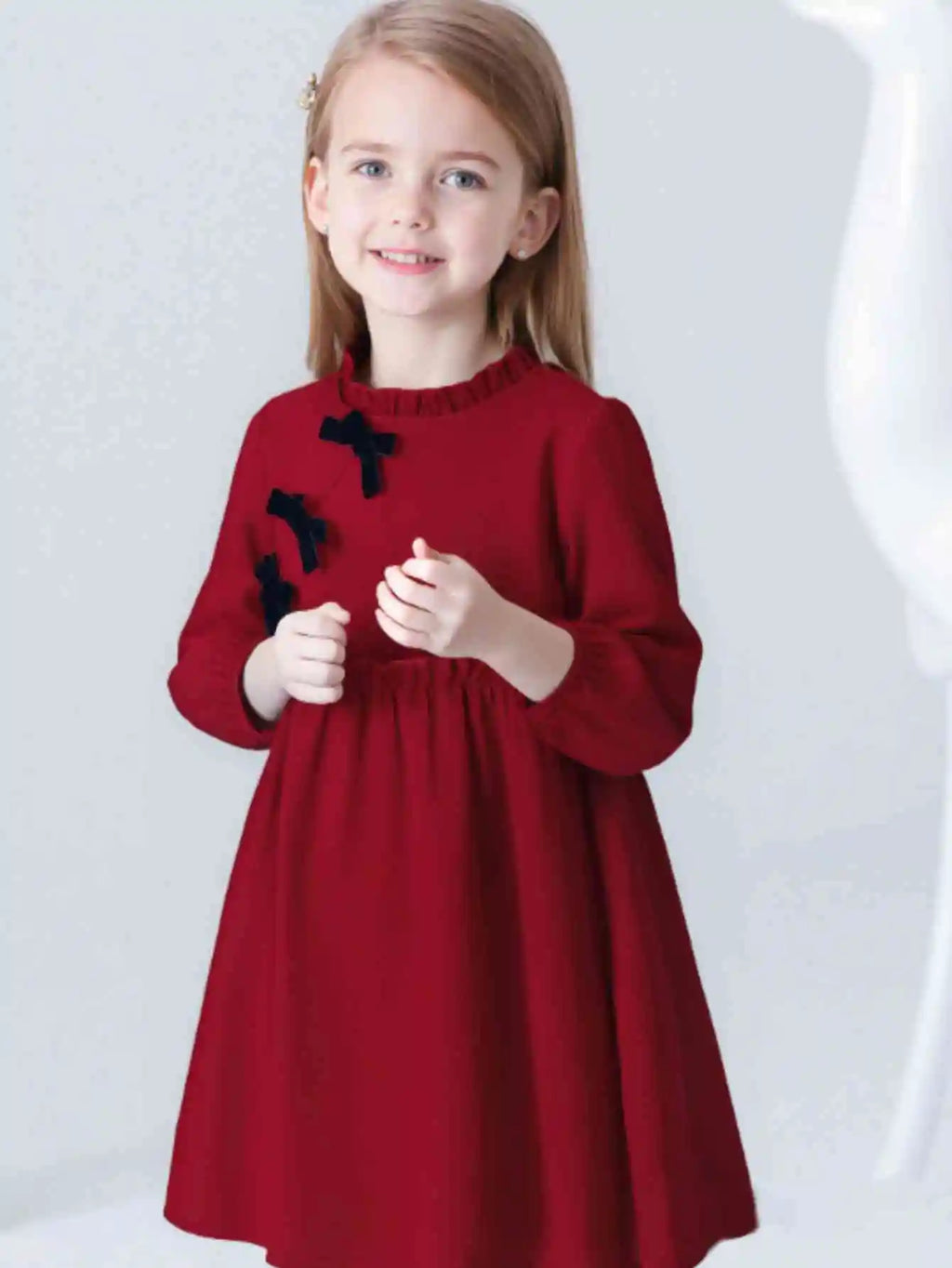 Winter children girls new Chinese dress lotus lace collar fold waist oblique bow buttons red warm elegant festive dress