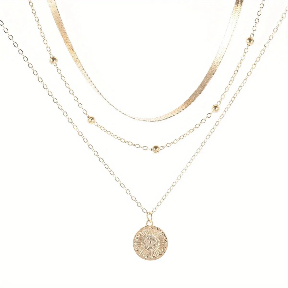 Multi-layer Chain Necklace Alloy Material Silvery Three-layer All-match Design Women's Snake Bone Chain with Round Bead Chain