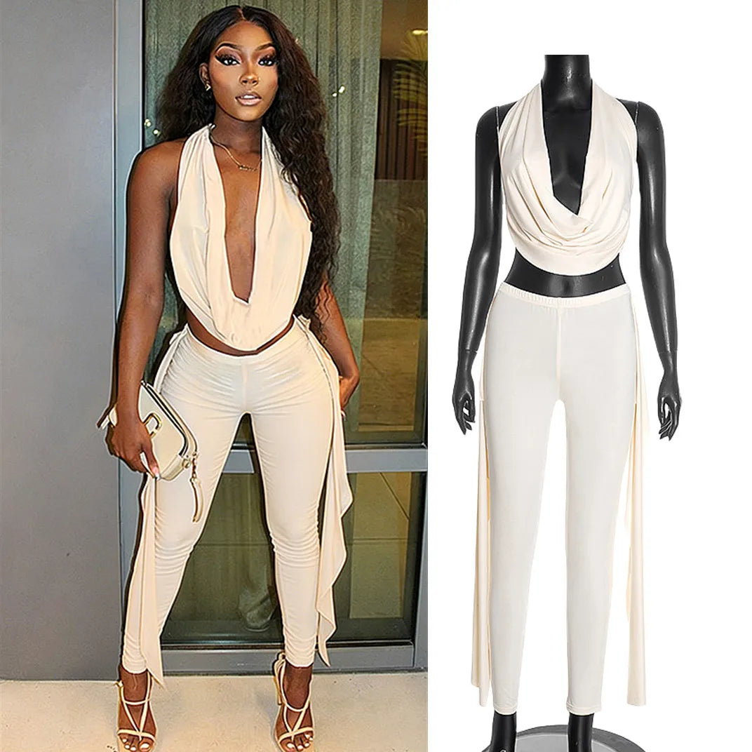 FAGADOER Sexy Hollow Out 2 Piece Sets Woman Outfit Halter Backless Collar Crop Top + Tassels Shorts Matching 2025 Summer New