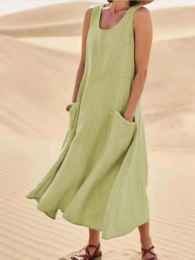 Women Coton Linen Sundress Summer Female Sleeveless Double Big Pocket Loose Sand Beachwear Long Dress Oversized S-5XL LRFZ-818