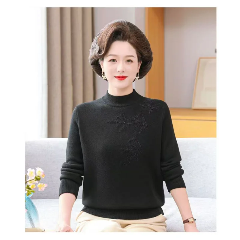 Winter Mother Dress Plus Velvet Thickened Sweater for Women Middle-aged Elderly Fashionable Knitted Base Top