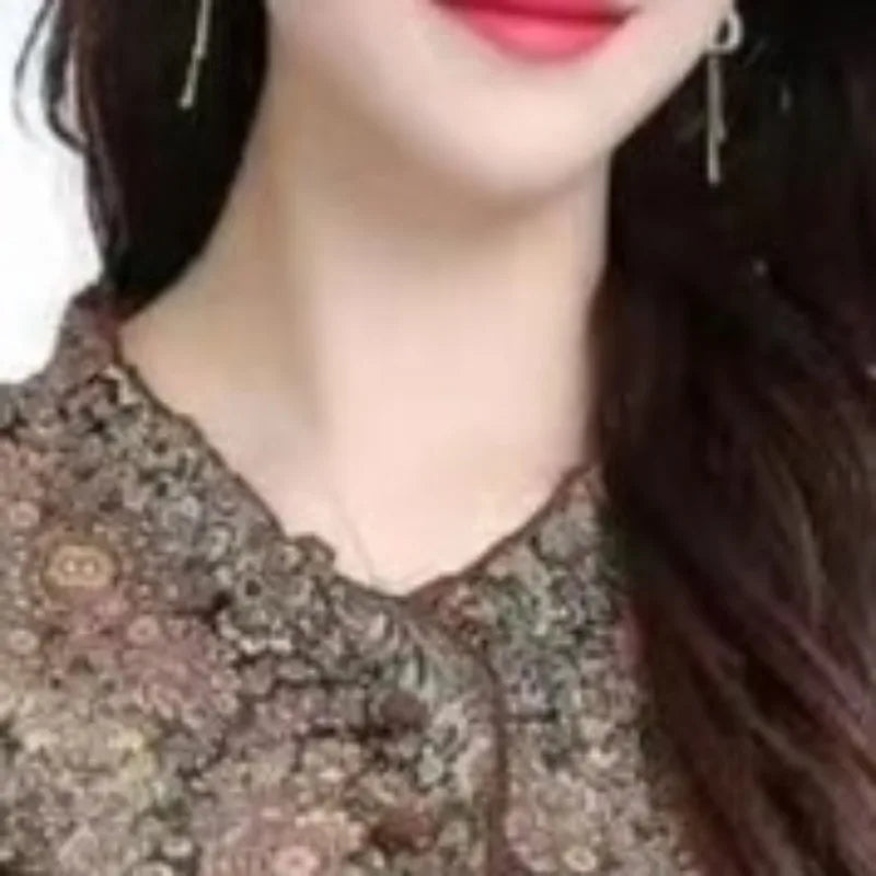 New 2023 Spring and Autumn Women's Pullover V-neck Patchwork Printing Button Belt Long Sleeve Fashion Slim Covering Belly Dress