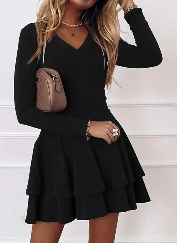 2024 NEW Autumn V-Neck Solid Color Fashion Mid Waist Pullover Panel Bottom Fashion Versatile Style Long Sleeve Women's Dress