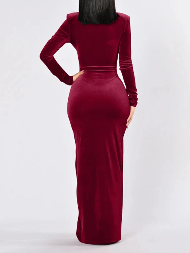 Autumn and Winter Women's Long Sleeve V-Neck Dress High Slit Sexy Long Dress Elegant Banquet Evening Gown