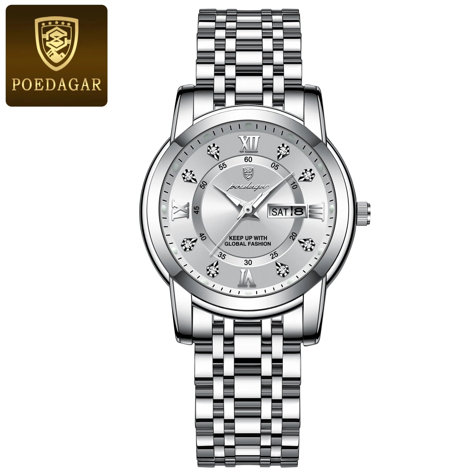 POEDAGAR Luxury Women Wristwatch Waterproof Luminous Date Week Women's Watches Stainless Steel Elegant Dress Quartz Ladies Watch