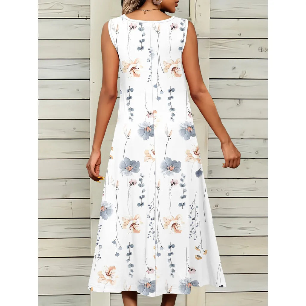 2025 Women's PLUS SIZE Summer Sleeveless Print Casual Dress for Holiday Women Clothing  Maxi Dress  White Dress summer dress