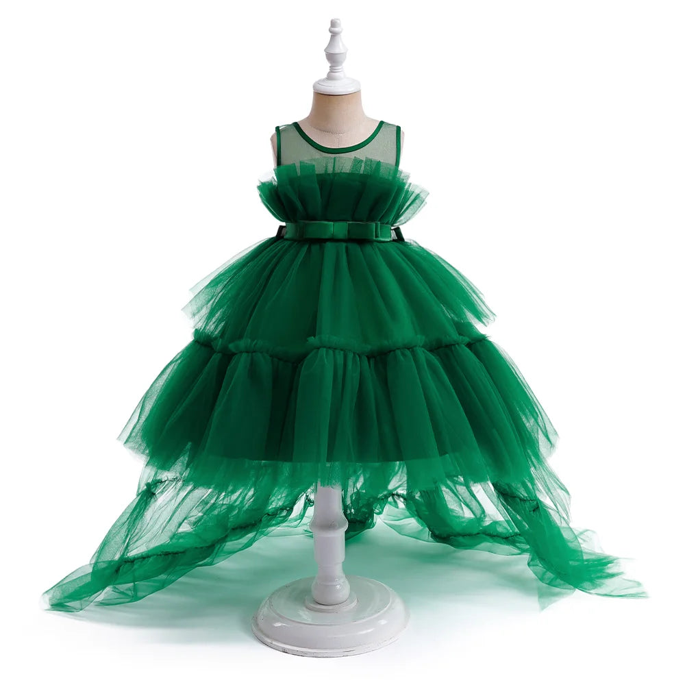 Red Puffy Tulle Flower Girls Dress Trailing First Communion Party Dresses For Girl Children Costume Princess Birthday Clothes