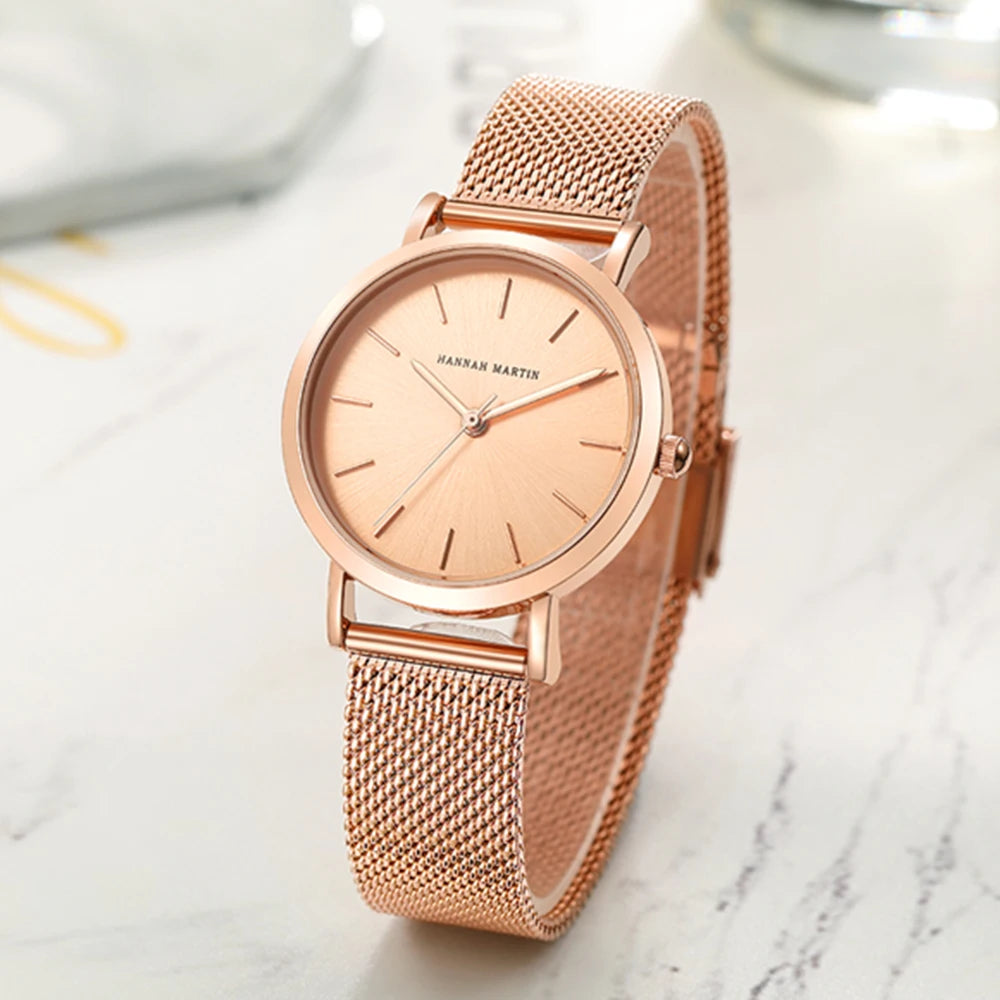 2023 New Women Bracelet Watch 1 Set Japan Quartz Movement Simple Rose Gold Stainless Steel Mesh Student Watches Relogio Feminino