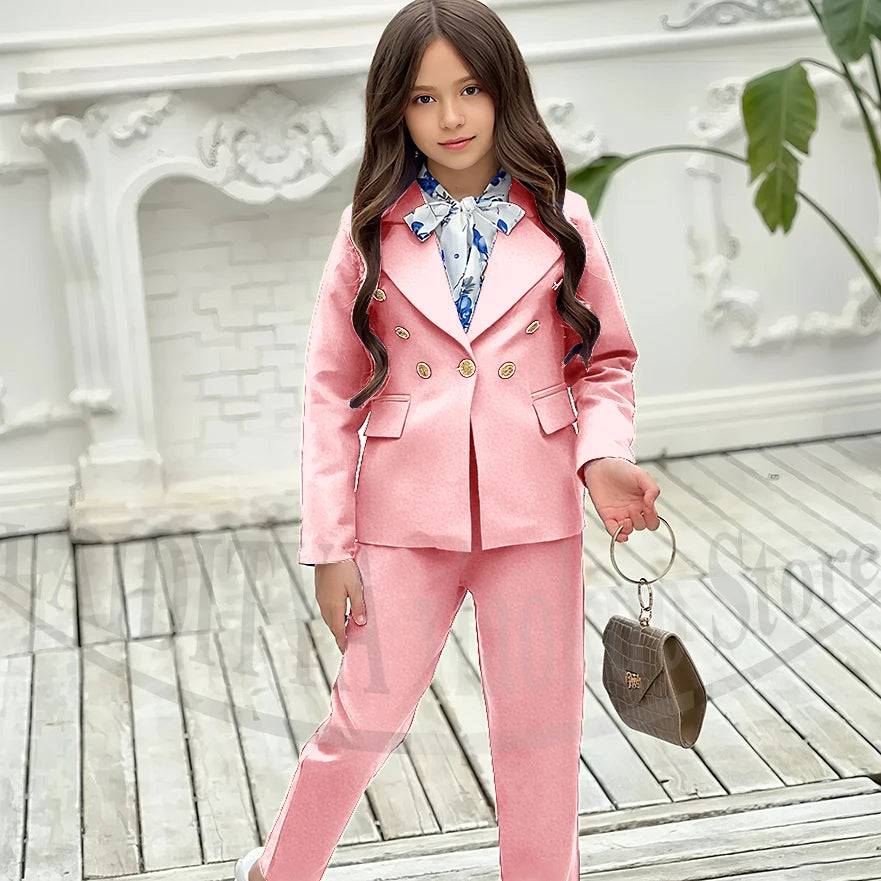 Girl Suits 2 Piece Elegant Daily Casual Fashion Kids Outfits Party Wedding Chic Double Breasted Notch Lapel Girl Clothes