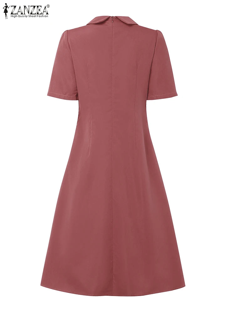 ZANZEA Elegant Women Pleated A-Line Dresses Summer Fashion Short Sleeve Fitted Waist Robes Femme Office Commuting Midi Vestidos
