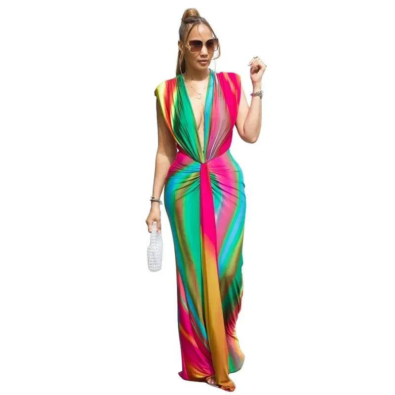 Elegant and Fashionable Dinner Party Dress Women's Sleeveless Colorful Print Sexy Deep V Slim Fit Long Dress