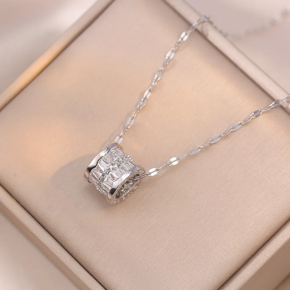 Trendy Stainless Steel Double Layer Necklace for Women Fashion Crystal Bead Pendant Necklaces Clavicle Chain Party Jewelry