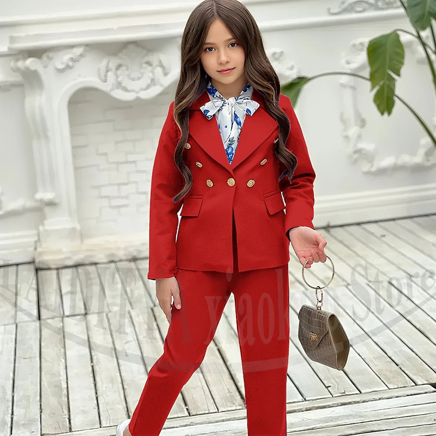 Girl Suits 2 Piece Elegant Daily Casual Fashion Kids Outfits Party Wedding Chic Double Breasted Notch Lapel Girl Clothes