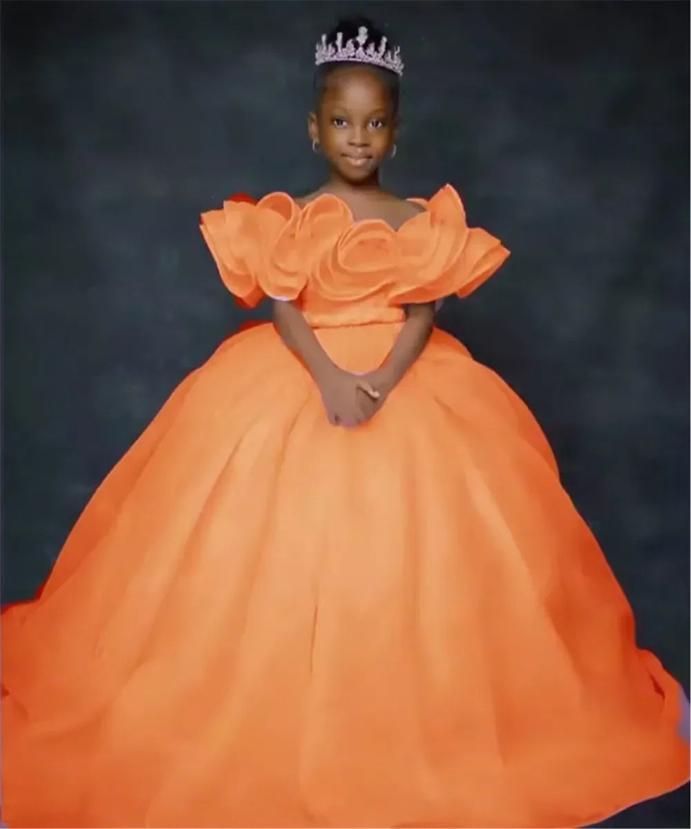 Custom JDY Kids' Birthday Dress Custom Flower Girl Dress Off-Shoulder Ruffled Tiered Tulle Ball Gown Wedding