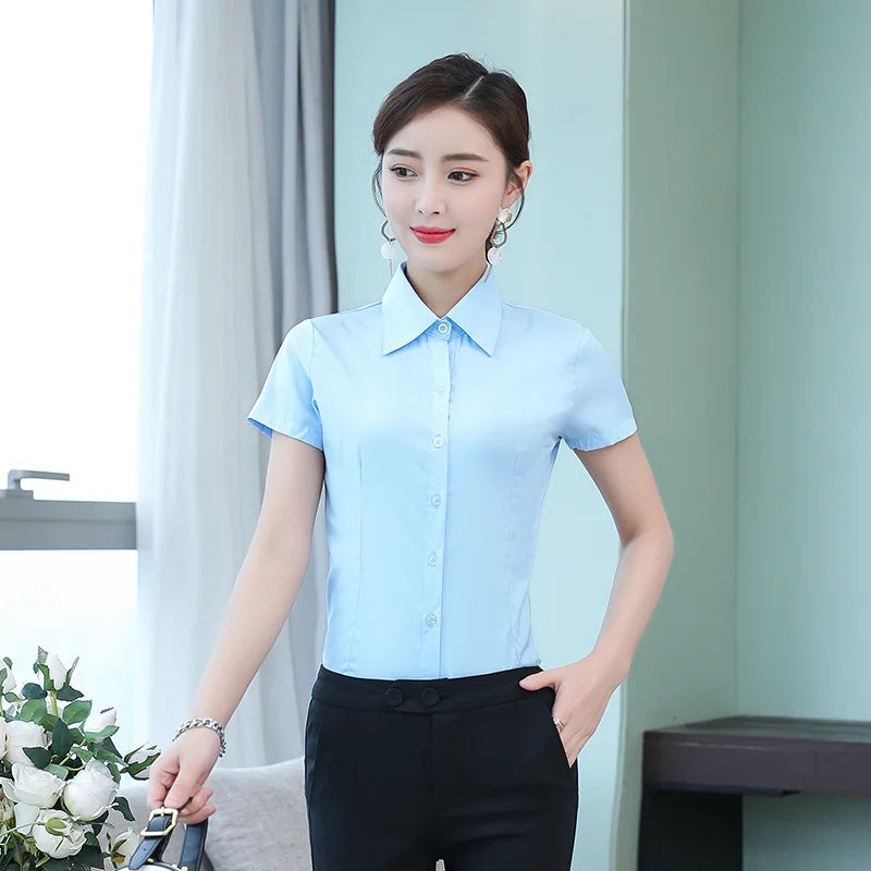 Fashion White Shirts Woman 2025 Autumn Short Sleeve Blouse Solid Ladies Tops OL Female Clothing  Basic Work Shirt Women's Blouse